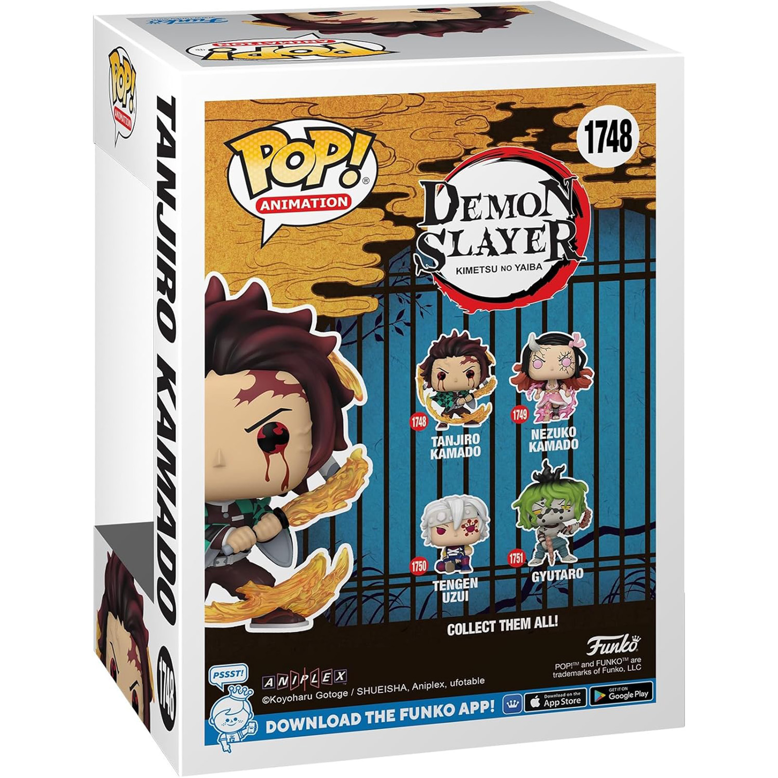 Una caja Funko Pop de Tanjiro Kamado de Demon Slayer, con otros personajes.