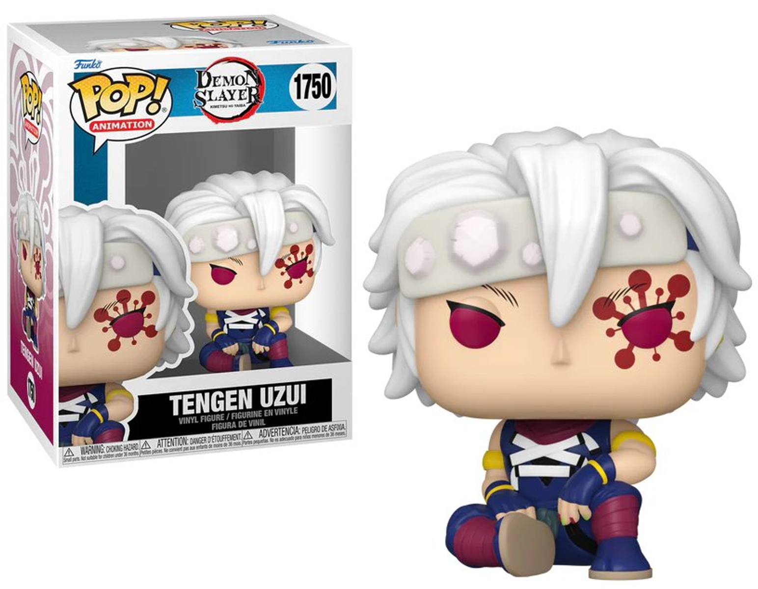 Figura Funko Pop di Demon Slayer Tengen Uzui in scatola. Figura con segni rossi sul viso.