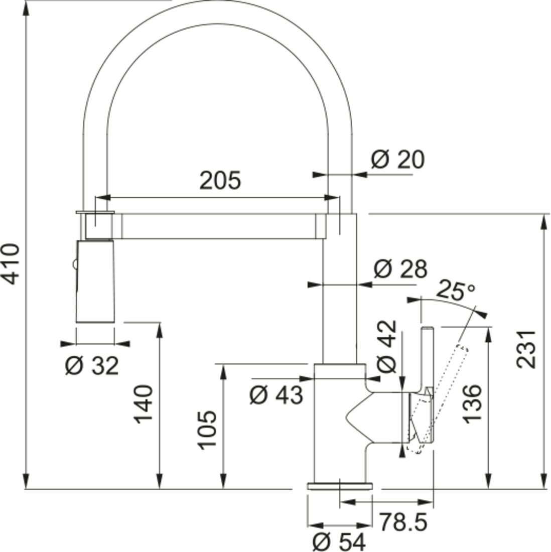Disegno tecnico di un rubinetto da cucina, che mostra dimensioni e angoli.