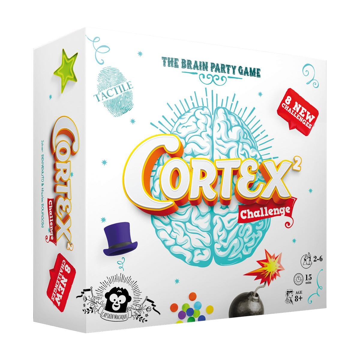 Boîte de jeu de société Cortex 2. Elle comporte le logo du jeu, une illustration du cerveau et d'autres éléments colorés. La boîte est blanche.