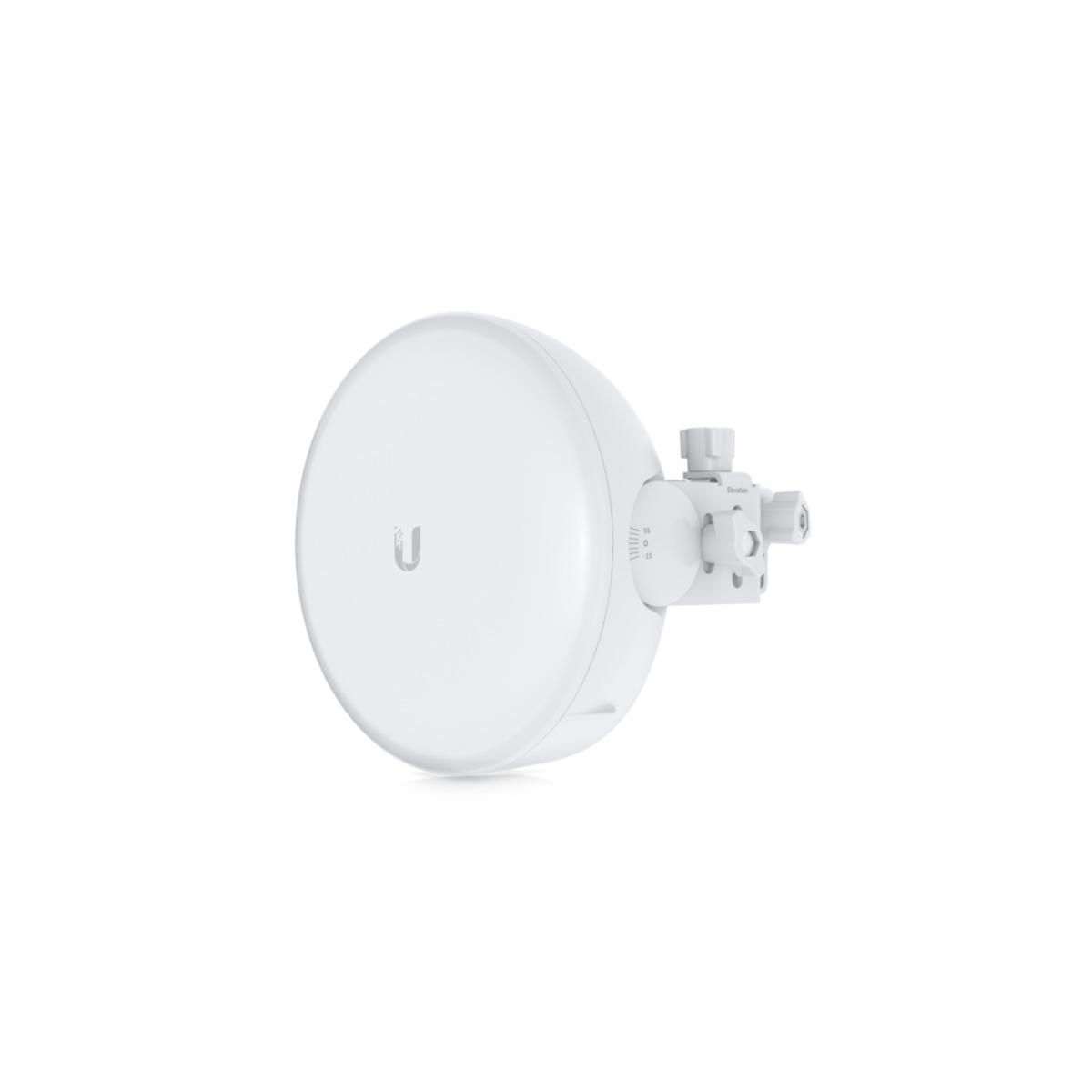Un dispositivo Ubiquiti bianco, un'antenna rotonda, ha una staffa di montaggio sul lato.