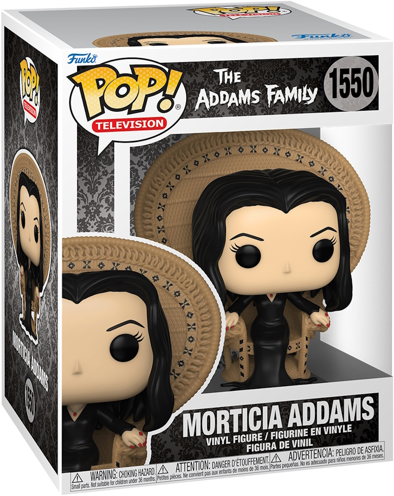 Figura Funko Pop de Morticia Addams en caja, con detalles del personaje visibles.