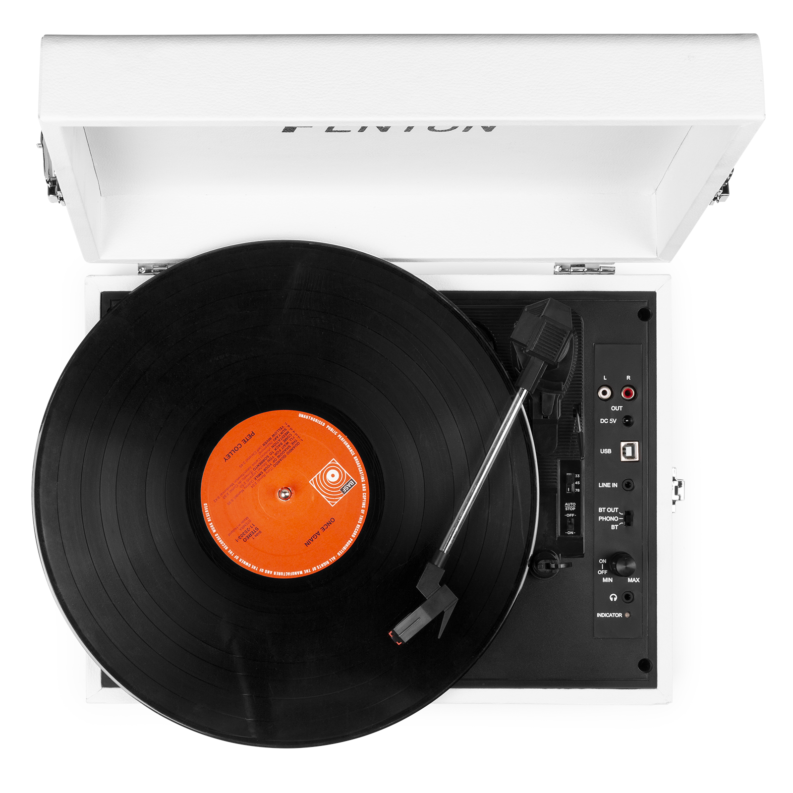 White record player with a black record playing. The record label is orange. White background.