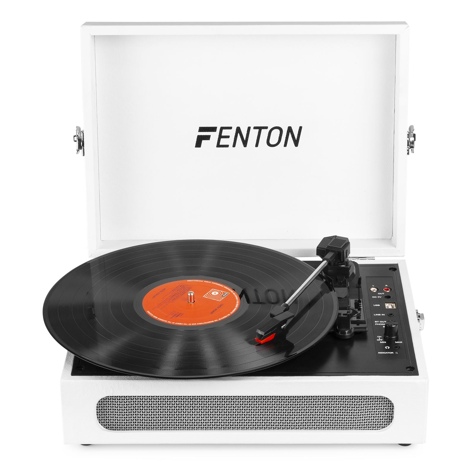 White vintage style record player. A black record is playing. The FENTON logo is on the top.