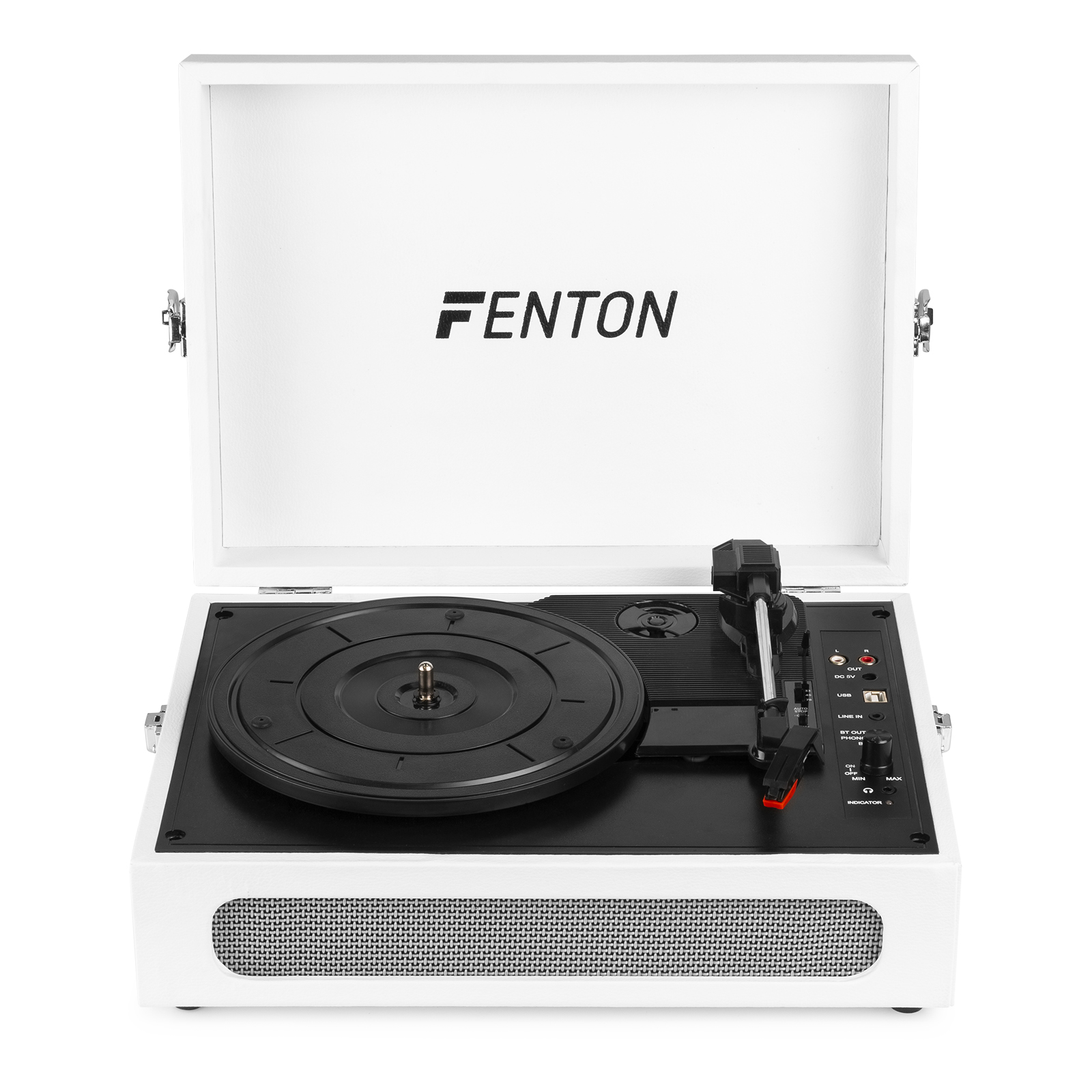White vintage turntable with a black record and a black record player. White background.