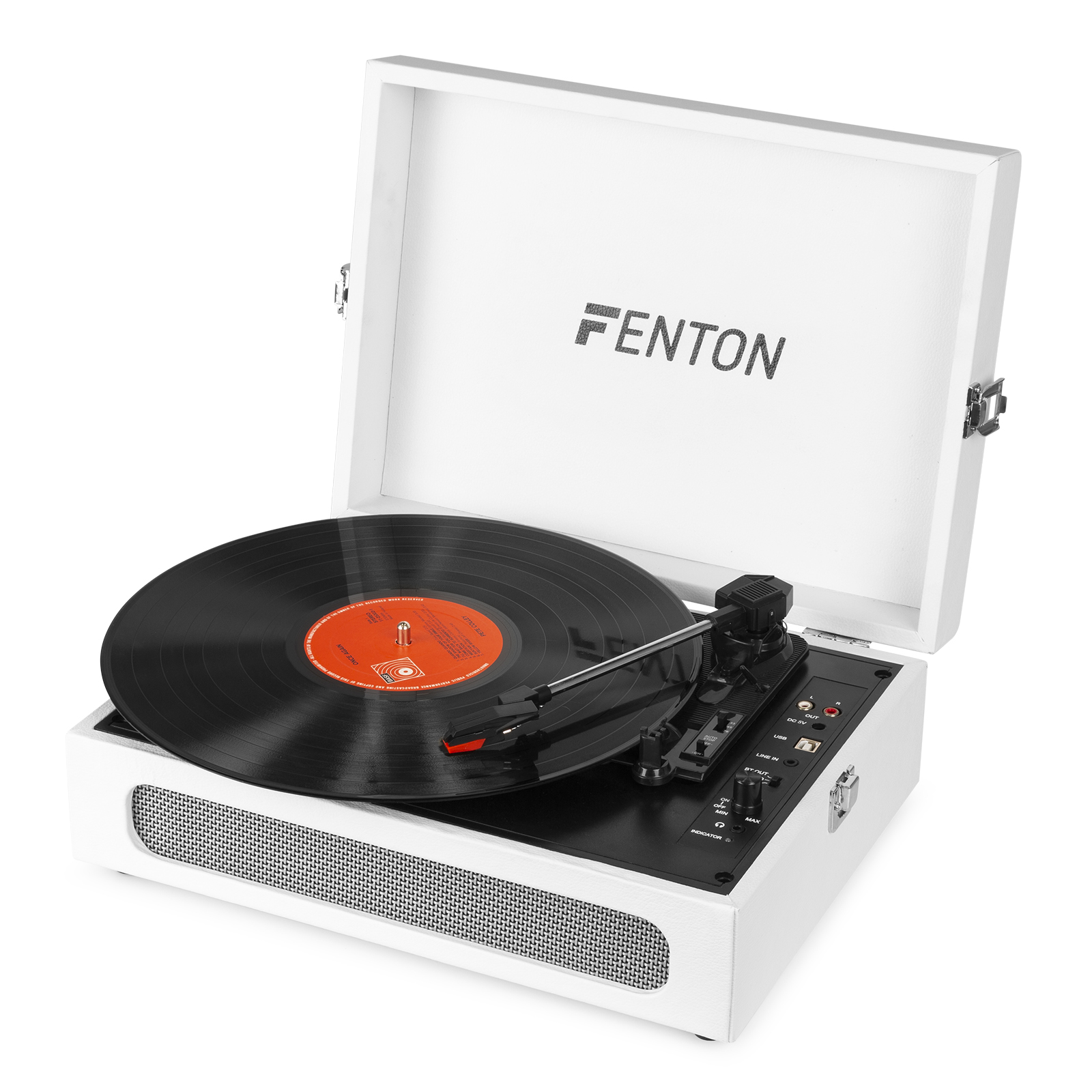 White record player with a black record on it.
