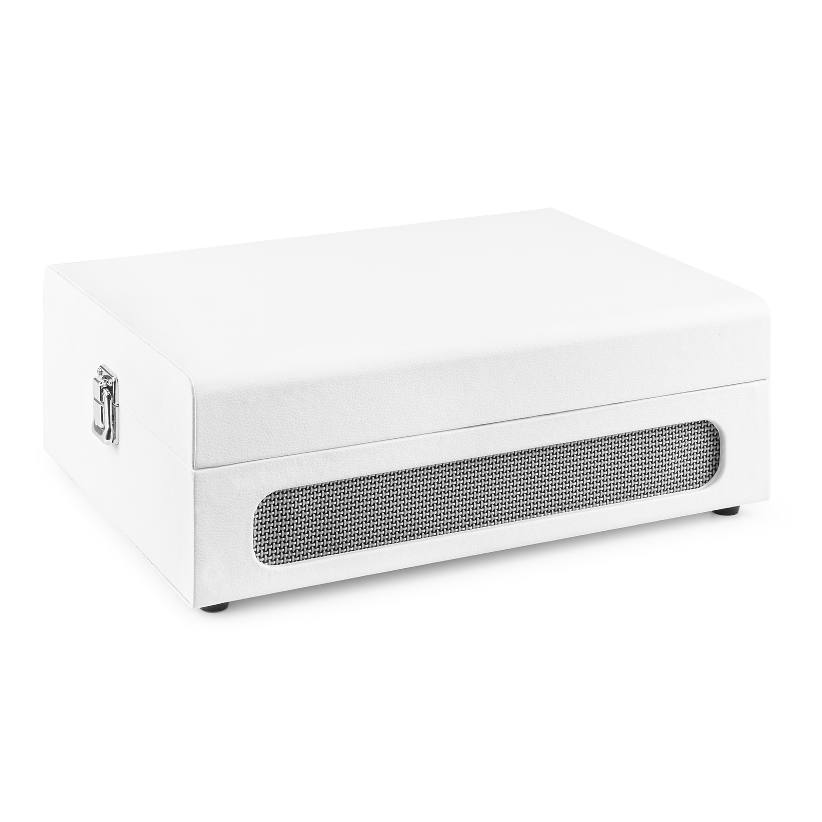 A white rectangular record player box with a metal mesh speaker and a silver latch.