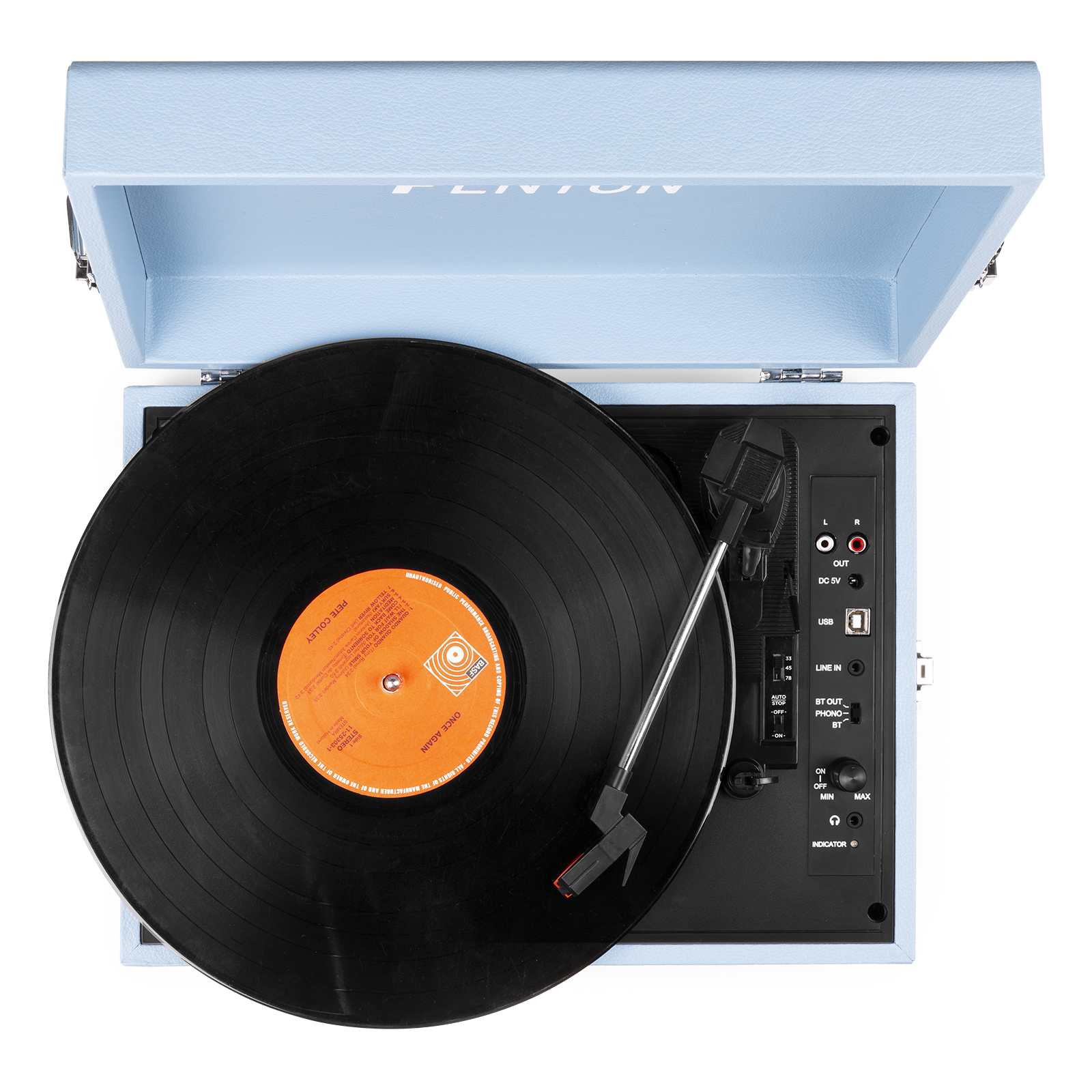 Vista superior de un tocadiscos azul con un disco de vinilo negro reproduciéndose.