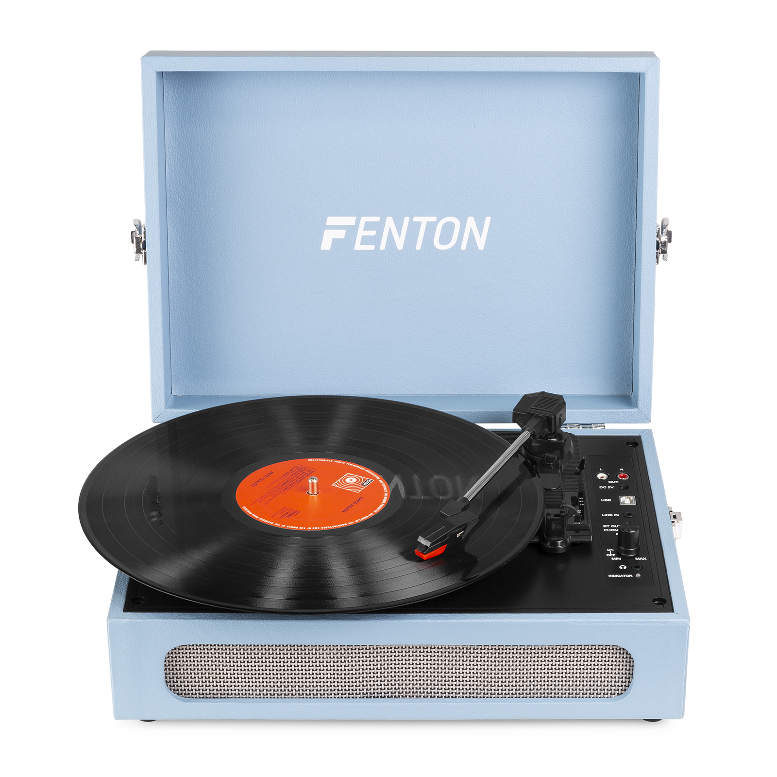 Tocadiscos azul con un disco negro. La marca FENTON está en la parte superior.