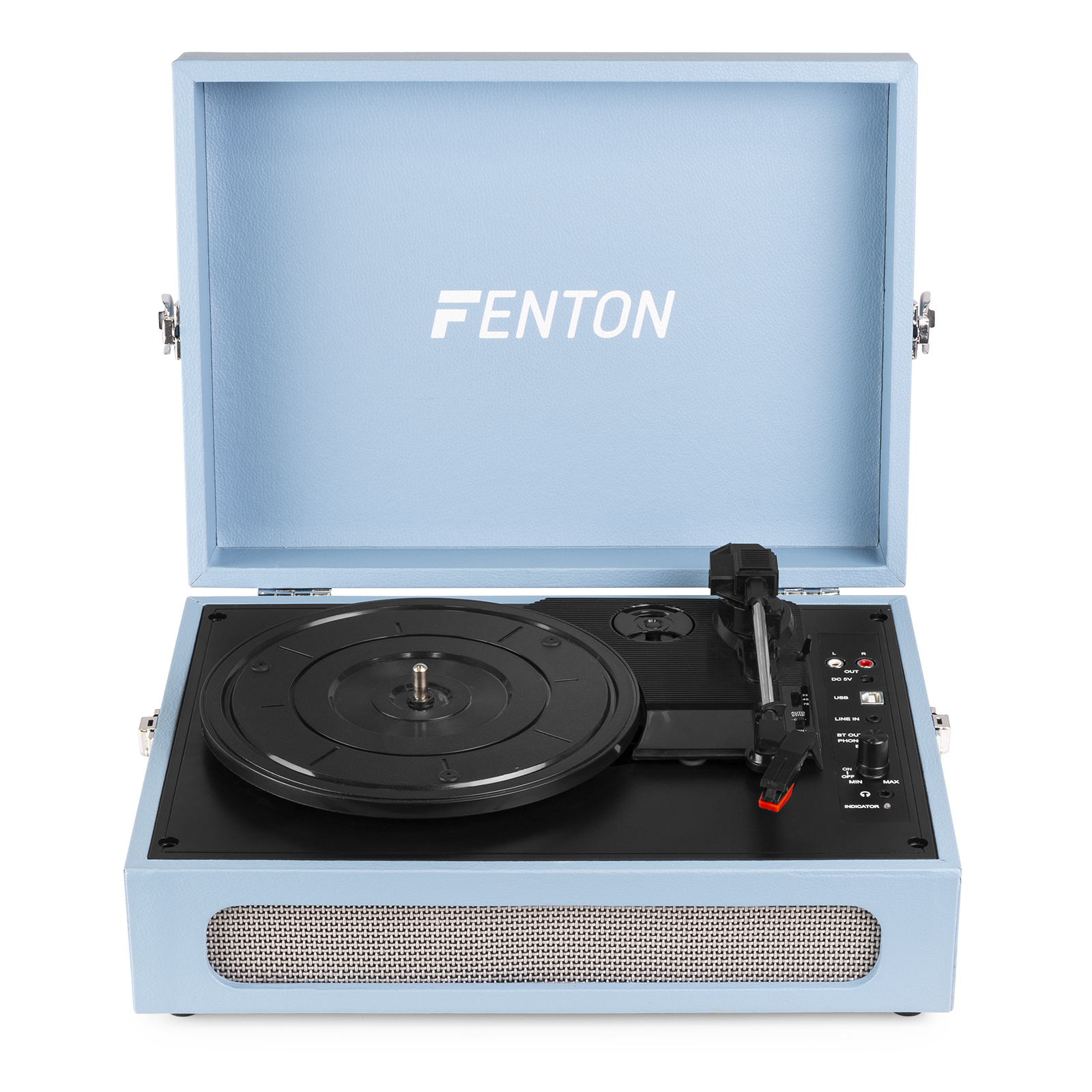 Un tocadiscos azul claro con un disco negro y una tapa azul claro abierta.