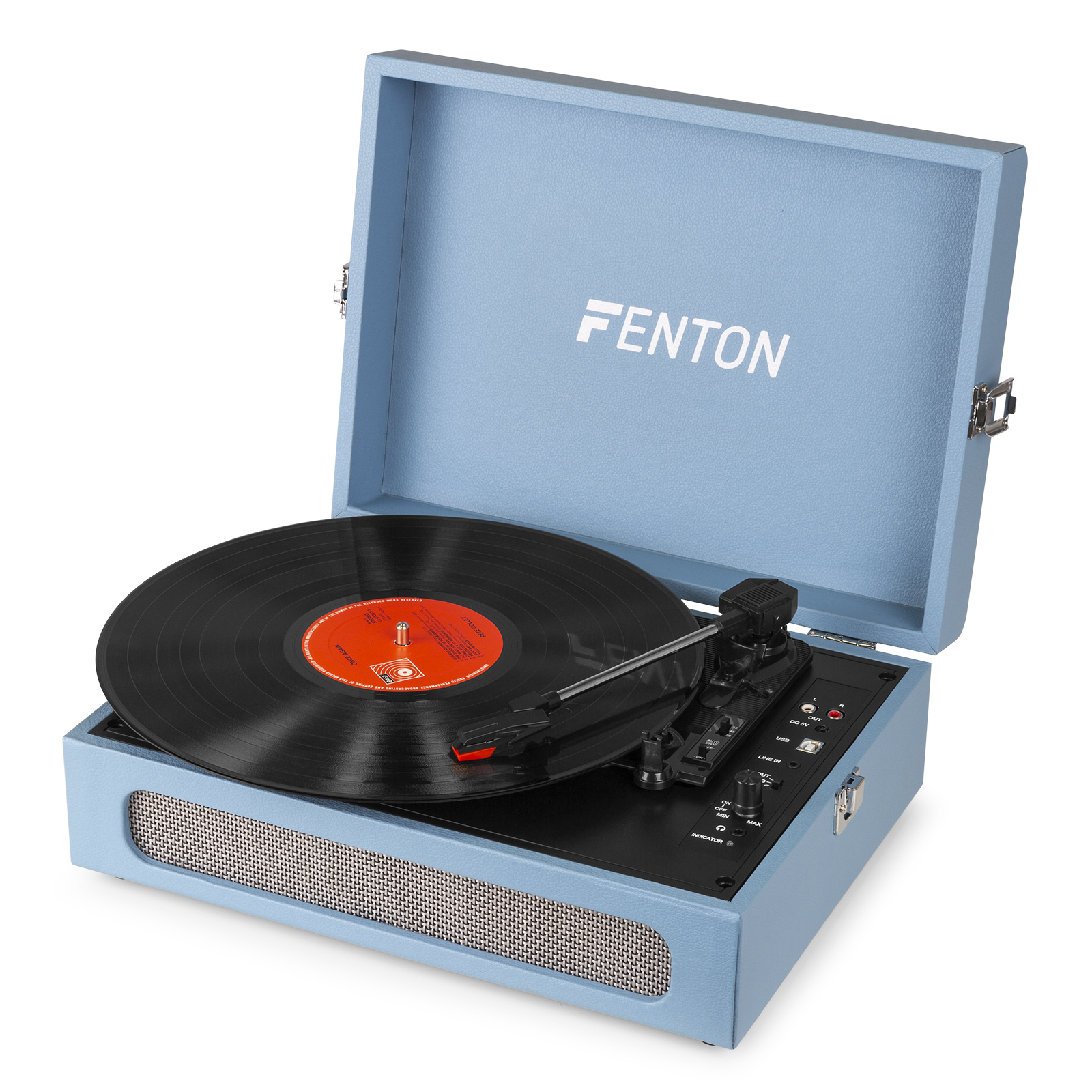 Un tocadiscos azul con un disco negro dentro de una caja azul.