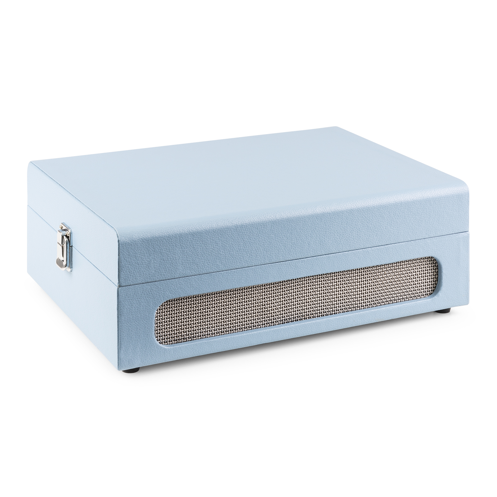 Una caja de tocadiscos azul claro sobre una superficie blanca.