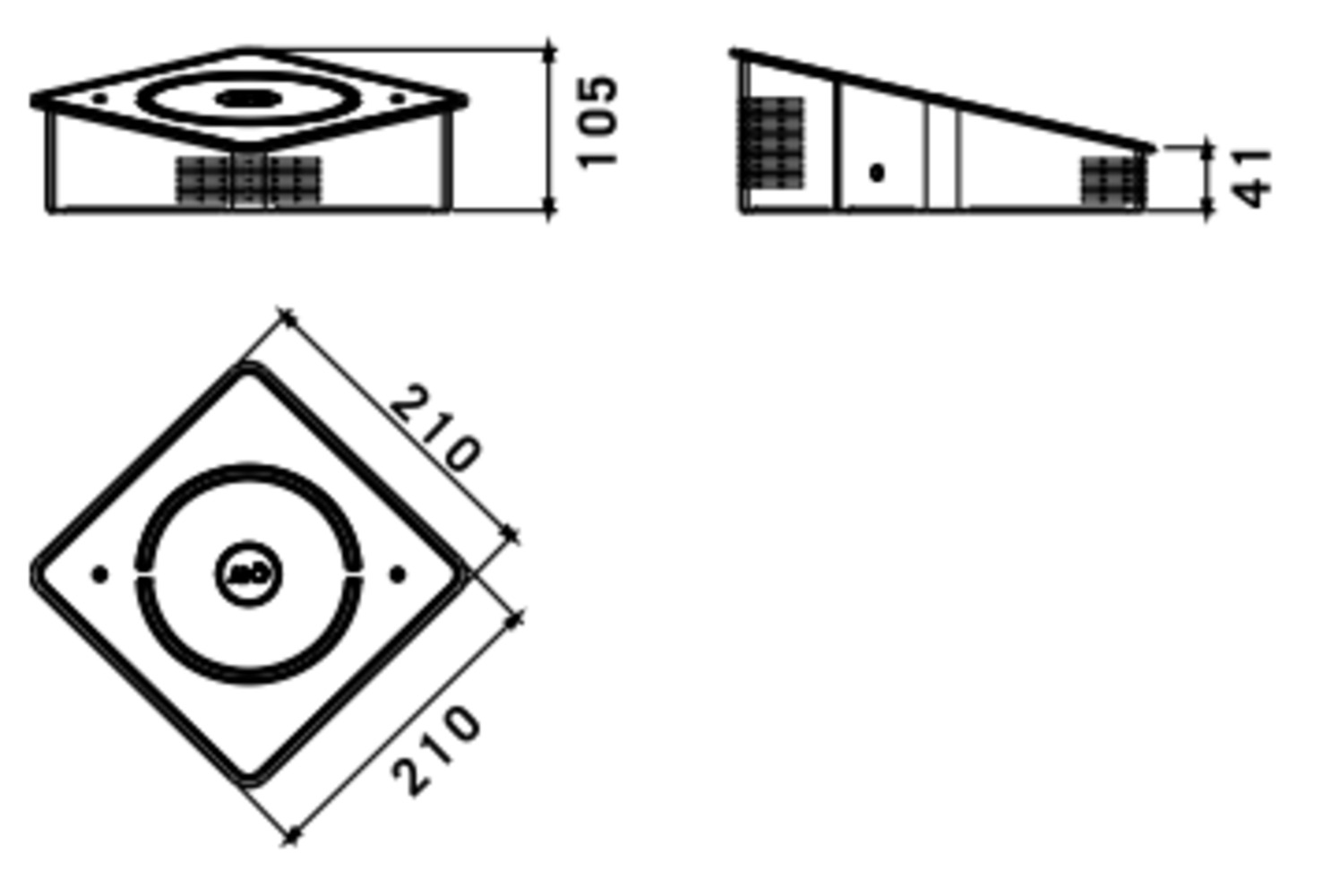 Il diagramma mostra le misure di una scatola quadrata con un cerchio all'interno.