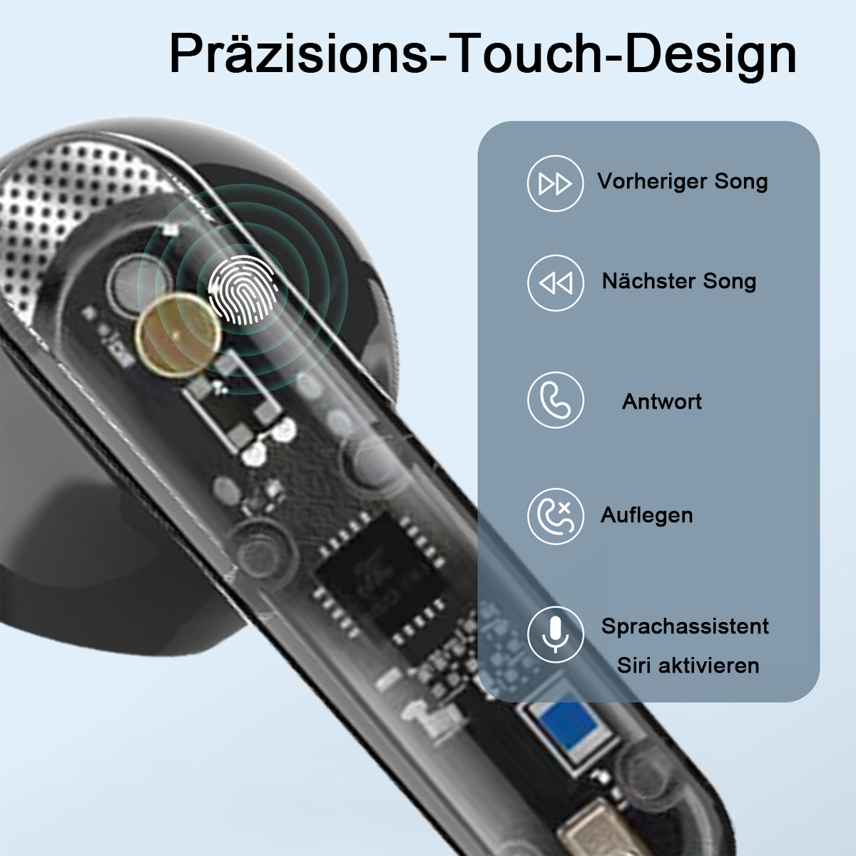 Ohrhörer mit Touch-Design, zeigt interne Komponenten. Funktionen: vorheriger Song, nächster Song, Antwort, Auflegen.