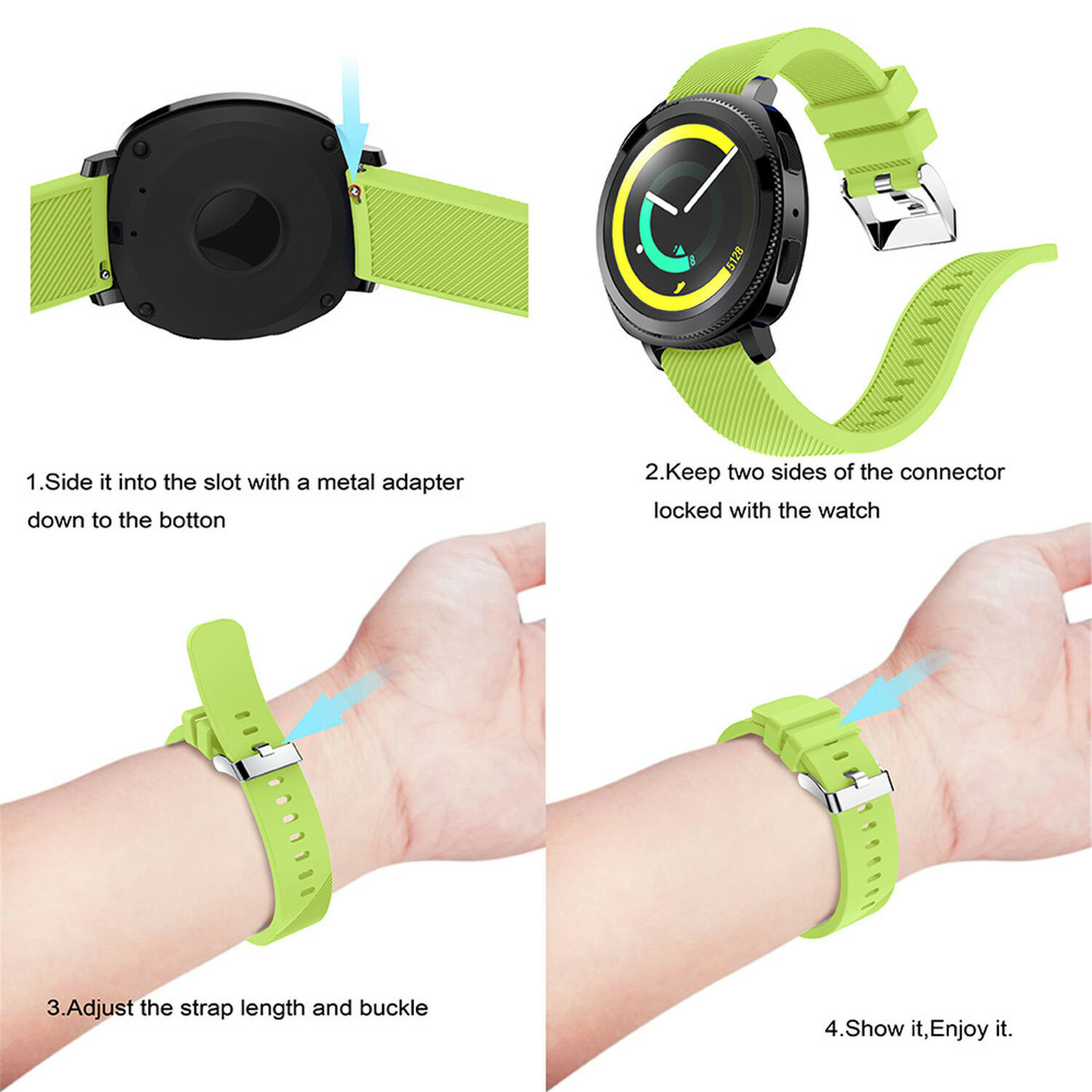 Grünes Smartwatch-Armband. Anweisungen zeigen das Anbringen des Armbands an der Uhr.