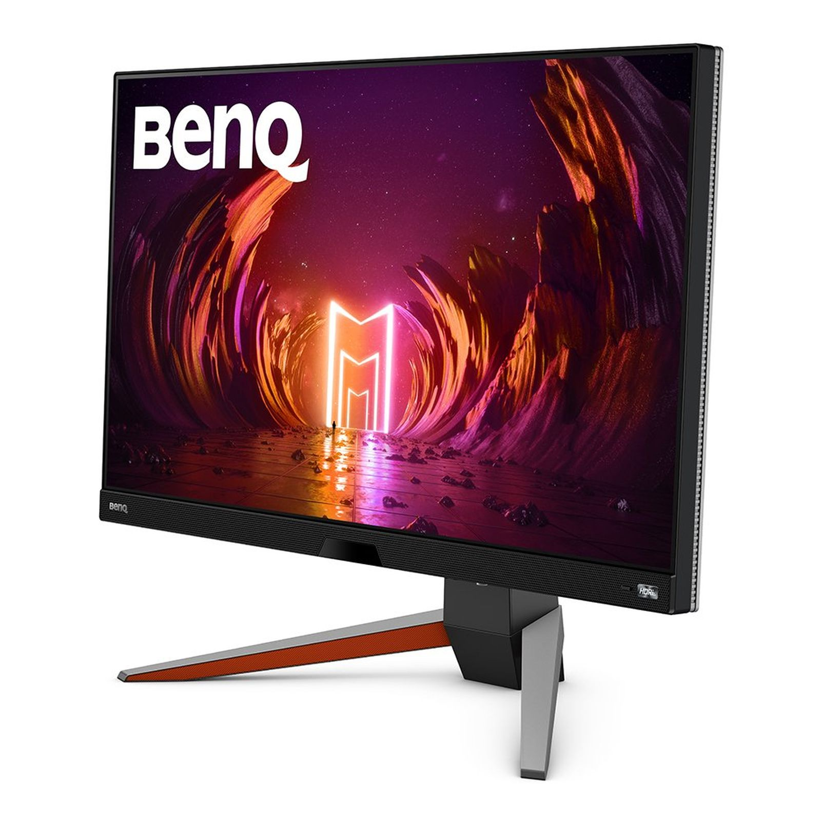 Monitor do gier z logo BenQ i neonowym tłem.