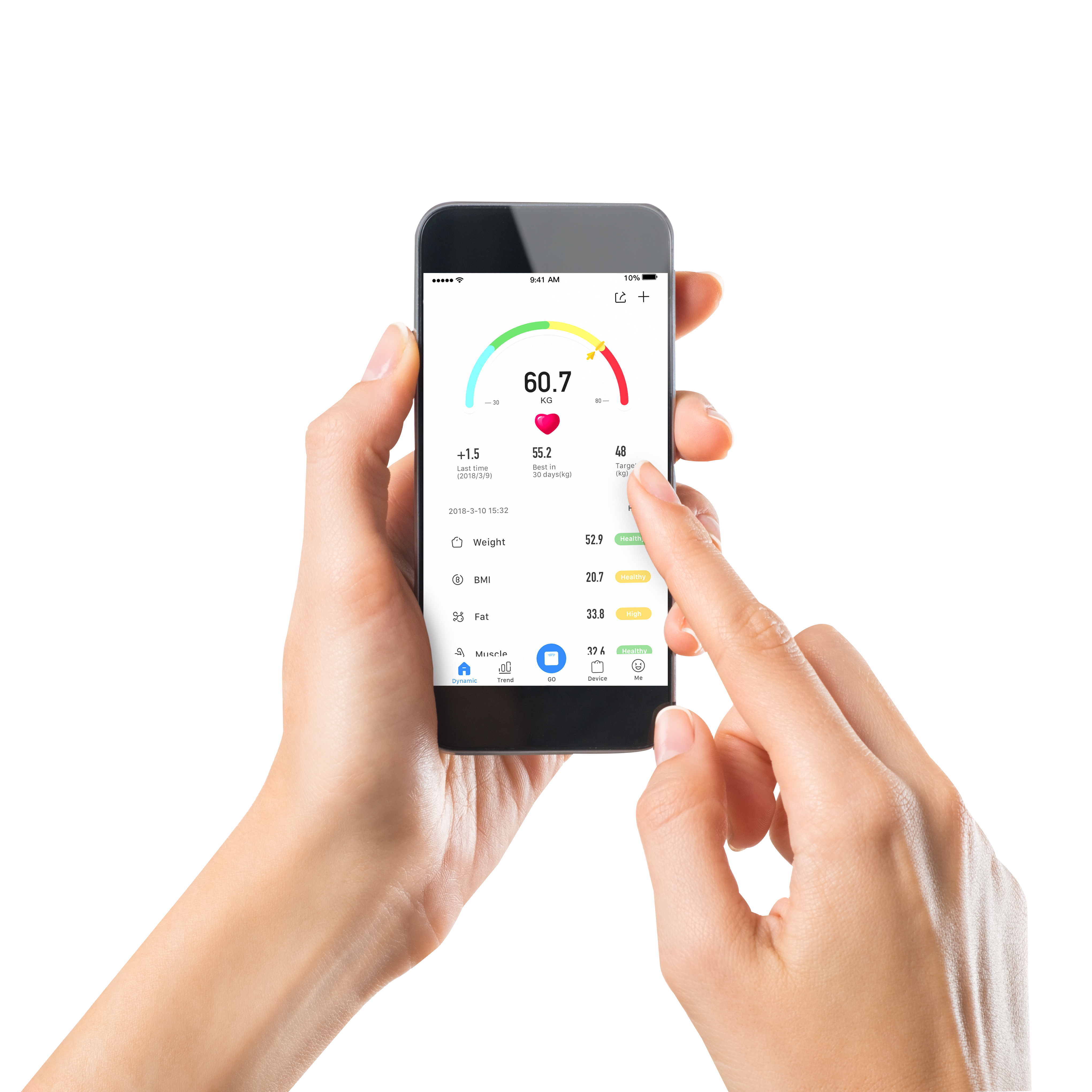 Handen die een smartphone vasthouden met een gezondheidsapp en gewichtsgegevens.