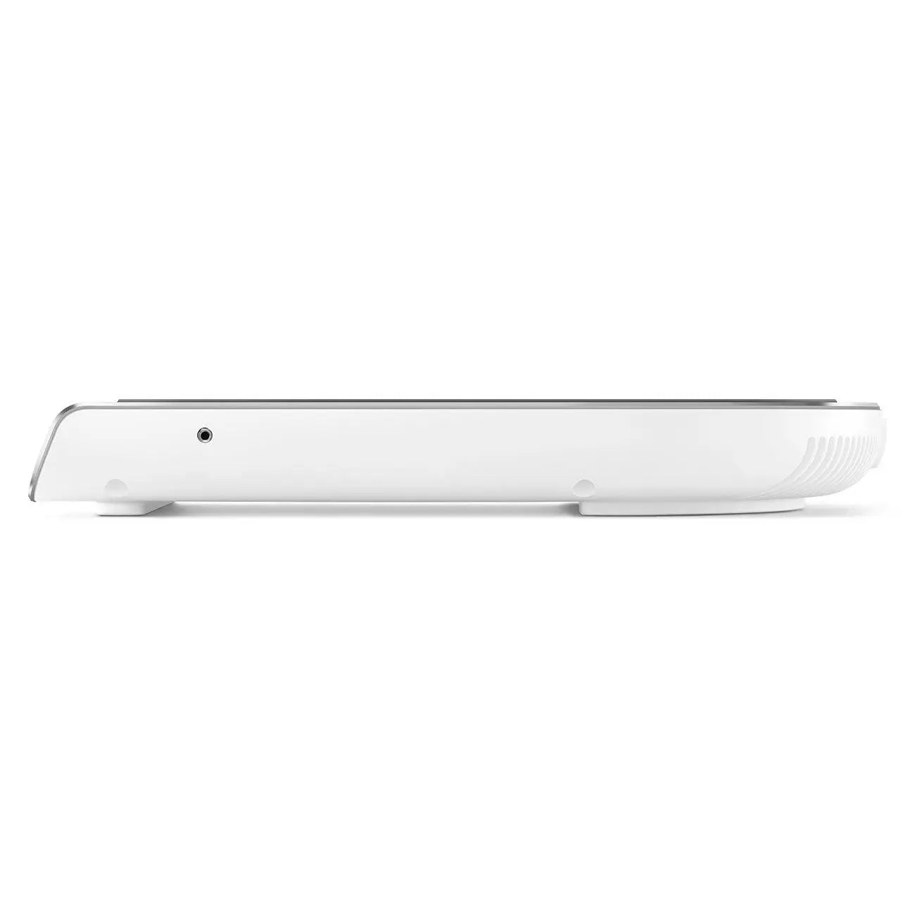 Białe urządzenie z widokiem z boku pokazującym porty i srebrną krawędź.