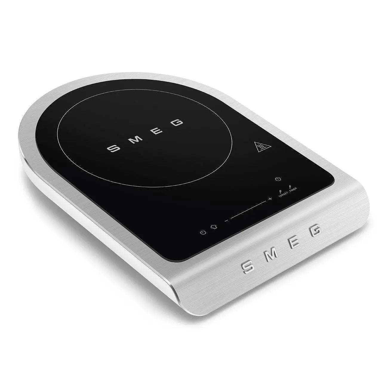 Srebrno-czarna płyta indukcyjna SMEG na białym tle.