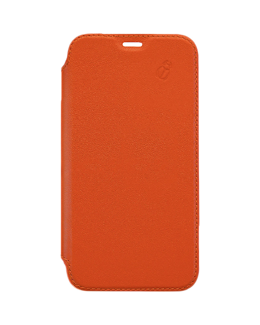Una custodia arancione per telefono con un piccolo logo e un foro.