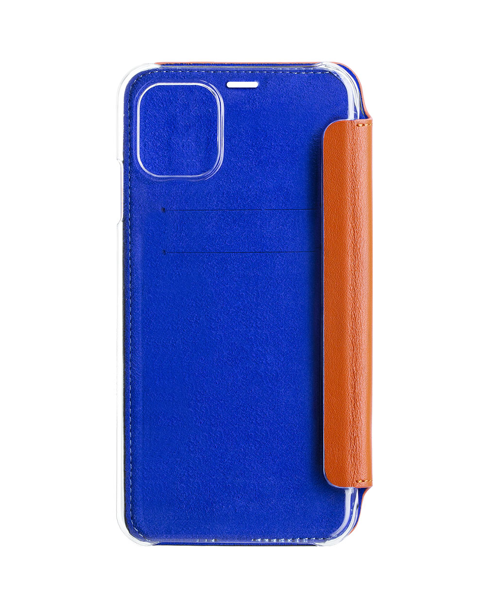 Una custodia blu per telefono con un lato arancione, aperta con fessure per carte, isolata su bianco.