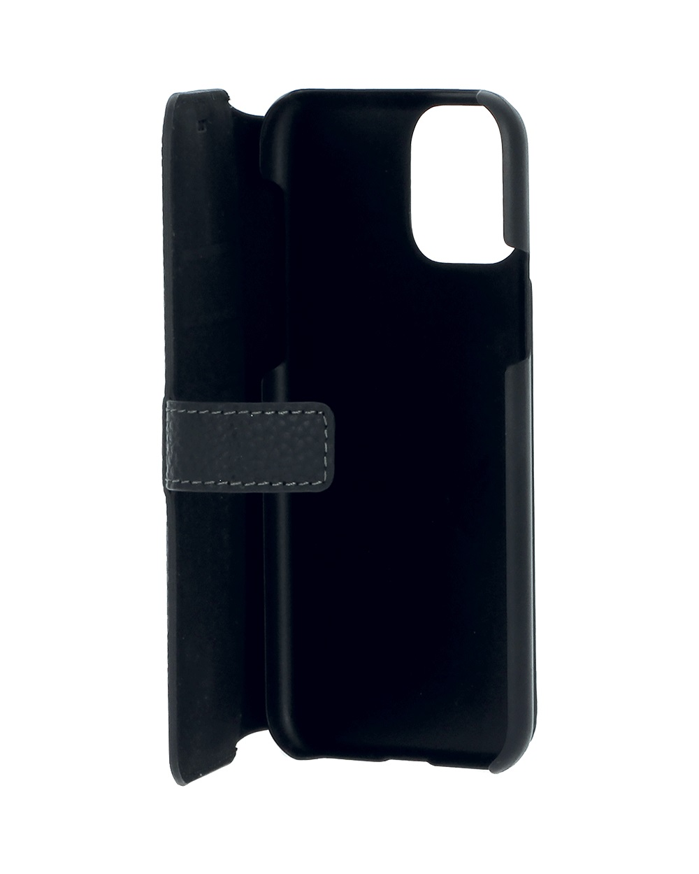 Una custodia per telefono nera con cinturino grigio e chiusura magnetica.