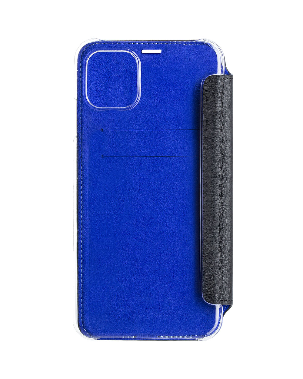 Custodia blu con lato nero. All'interno ci sono fessure per carte.