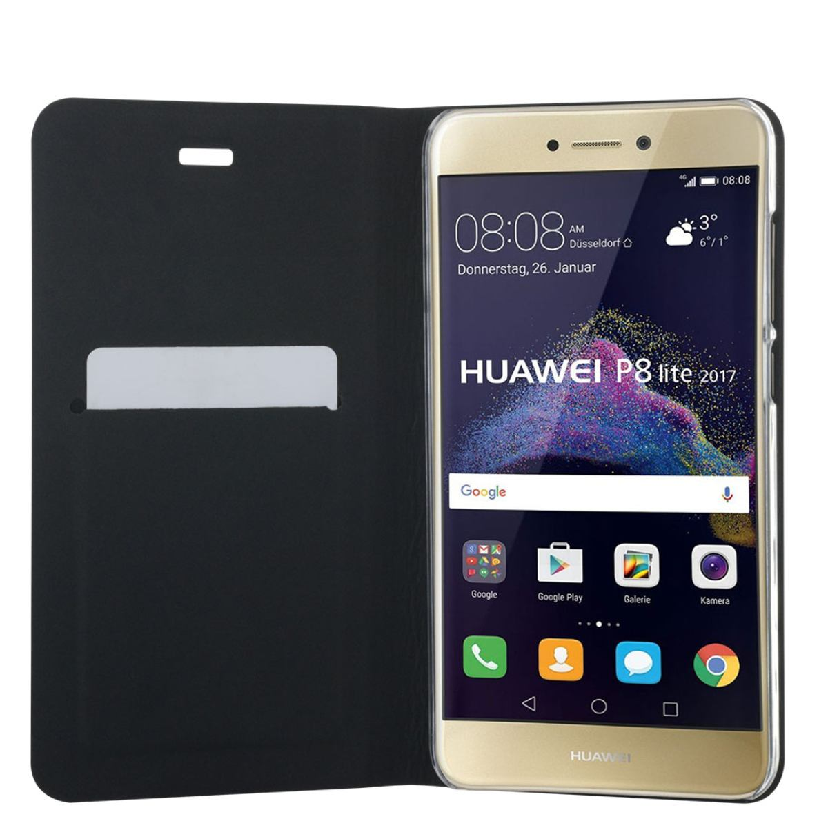 Telefono Huawei P8 lite 2017 dorato in custodia nera. Ora e data visualizzate.