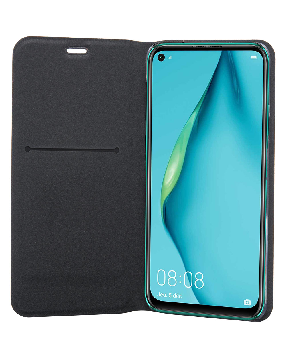 Smartphone in una custodia nera con cover a ribalta, che mostra lo schermo del telefono con l'ora 08:08.