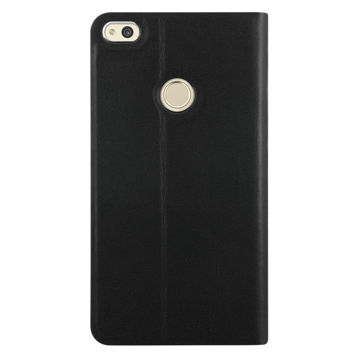 Custodia per telefono nera, chiusa, con foro per fotocamera e dettaglio argentato.