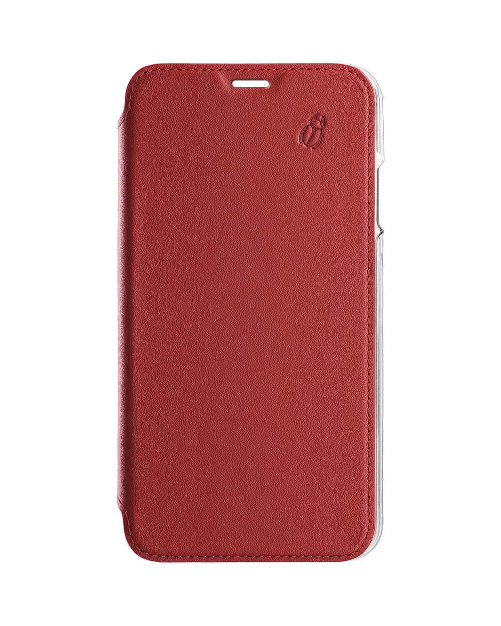 Custodia per telefono in pelle rossa con un logo, vista laterale.