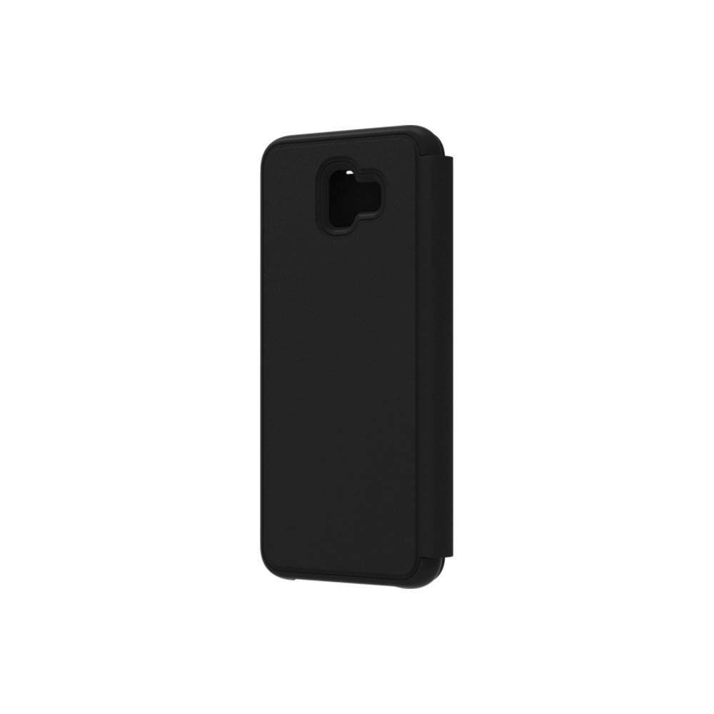 Una custodia nera per telefono con un ritaglio per la fotocamera, isolata su sfondo bianco.