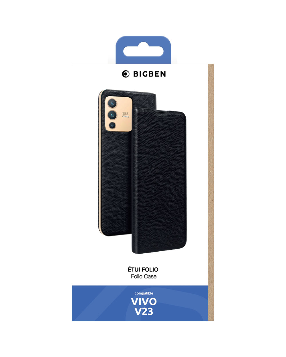 Custodia per telefono nera nella confezione. Due custodie mostrate. Marchio BIGBEN. Compatibile con VIVO V23.