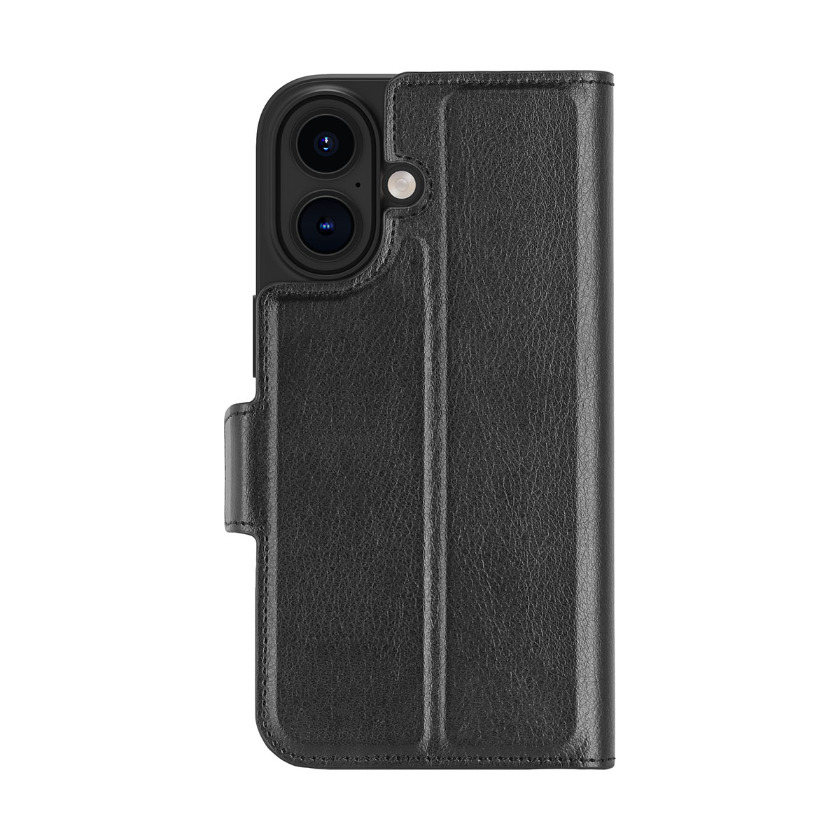 Custodia nera per telefono, con patta. Due lenti della fotocamera visibili. In pelle.
