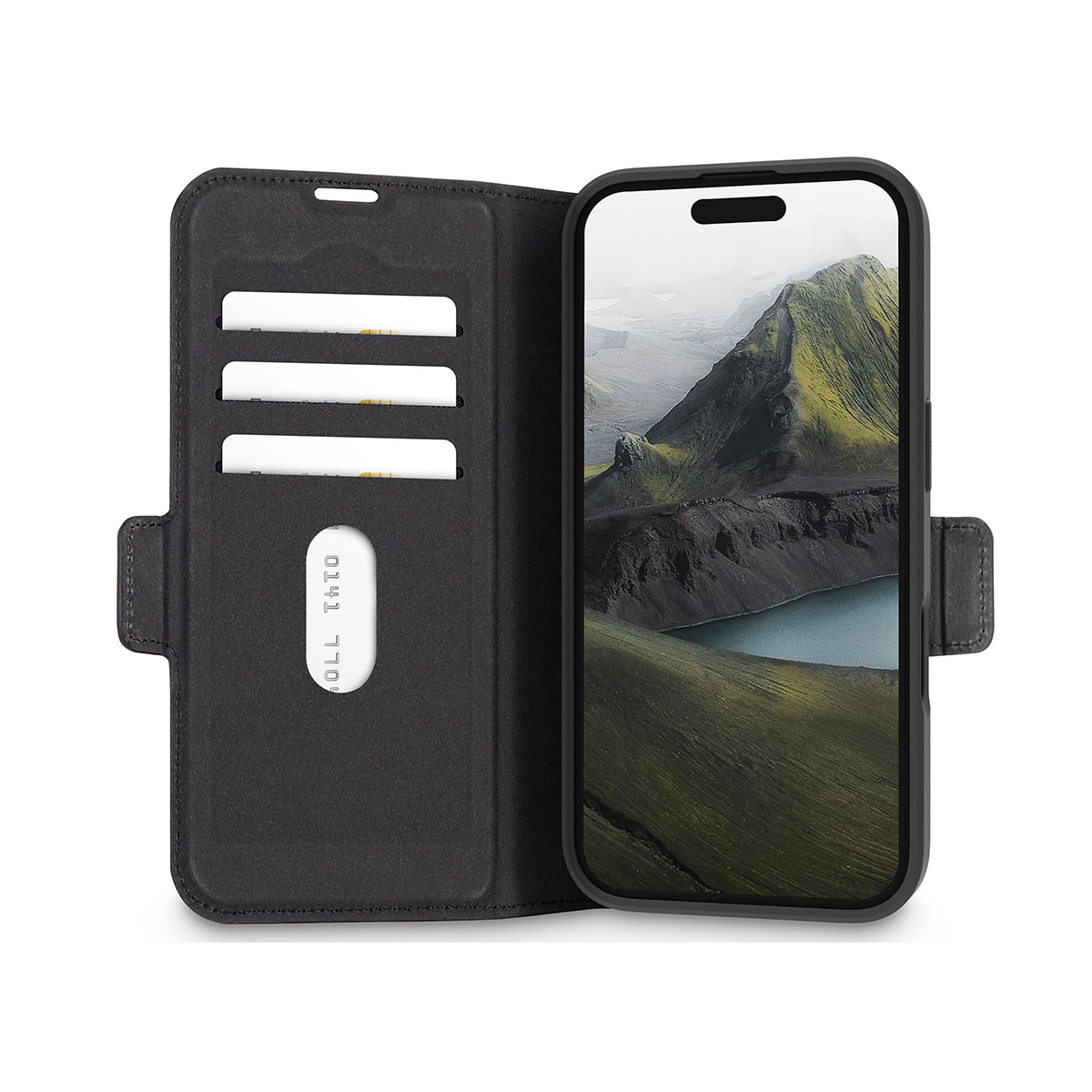 Custodia per telefono in pelle nera, aperta per rivelare un telefono con immagine di montagna e lago e fessure per carte.