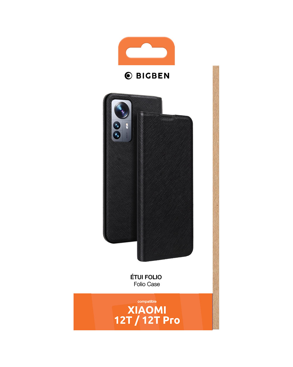 Confezione della custodia del telefono. Custodia nera all'interno. Testo: 'XIAOMI 12T / 12T Pro'.