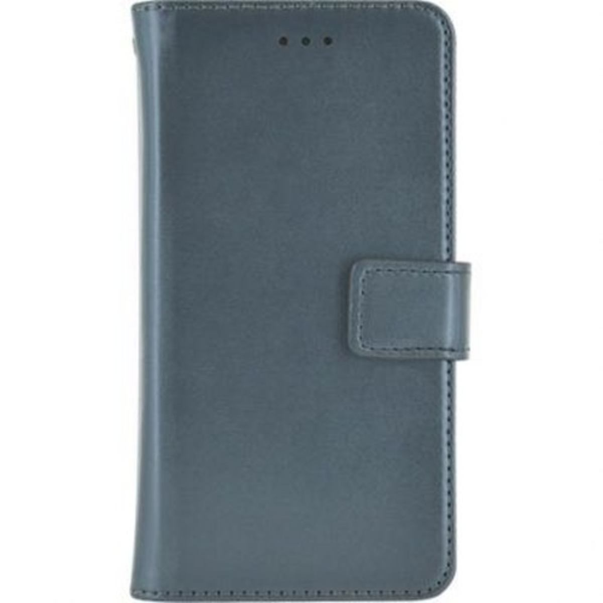 Una custodia per telefono blu scuro chiusa con chiusura magnetica sul lato destro e tre piccoli fori.