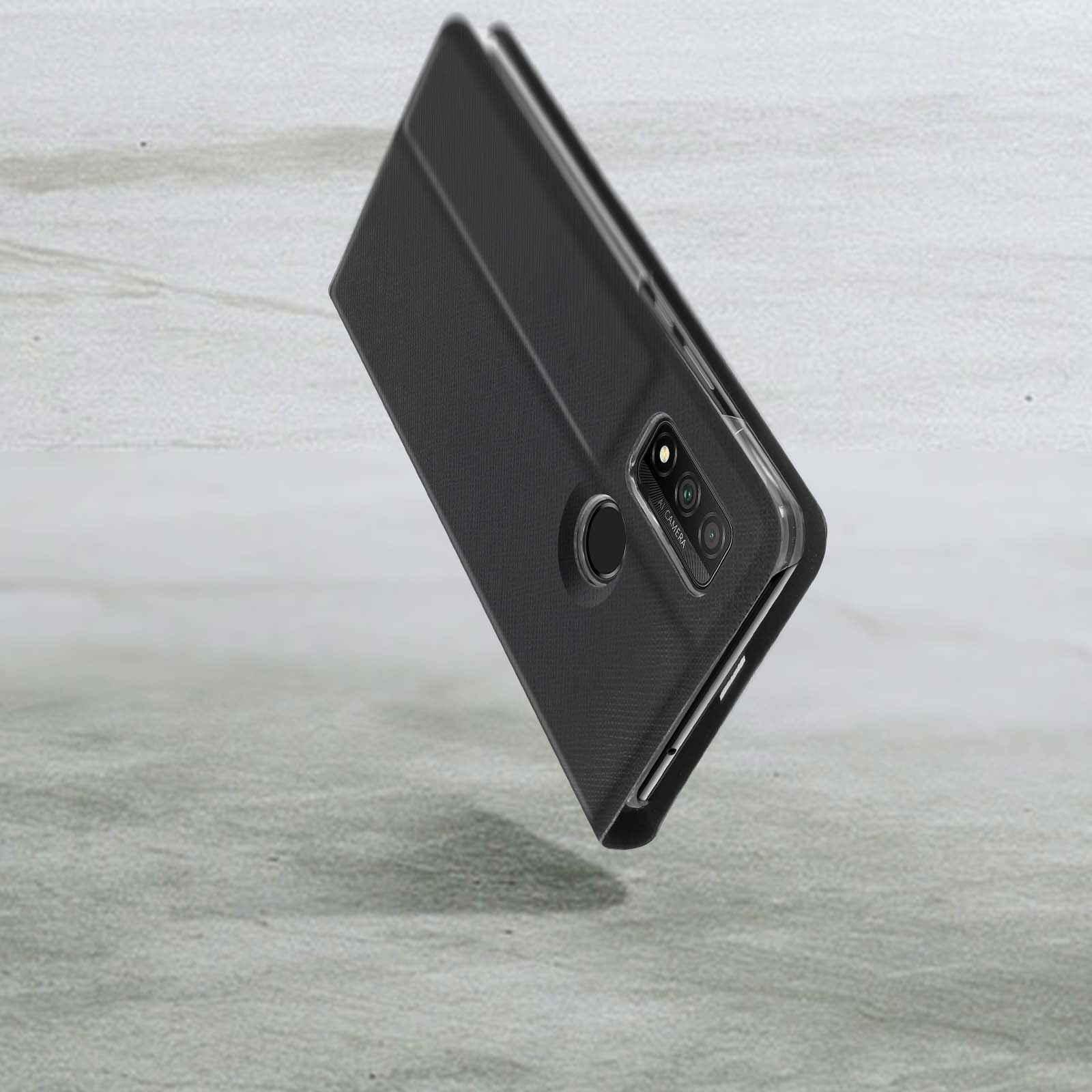 Custodia per telefono nera in posizione inclinata su una superficie ruvida. La custodia è aperta, mostrando una fotocamera.