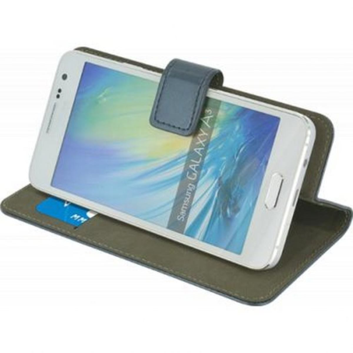 Uno smartphone bianco in una custodia blu. La custodia è aperta, mostrando lo schermo.