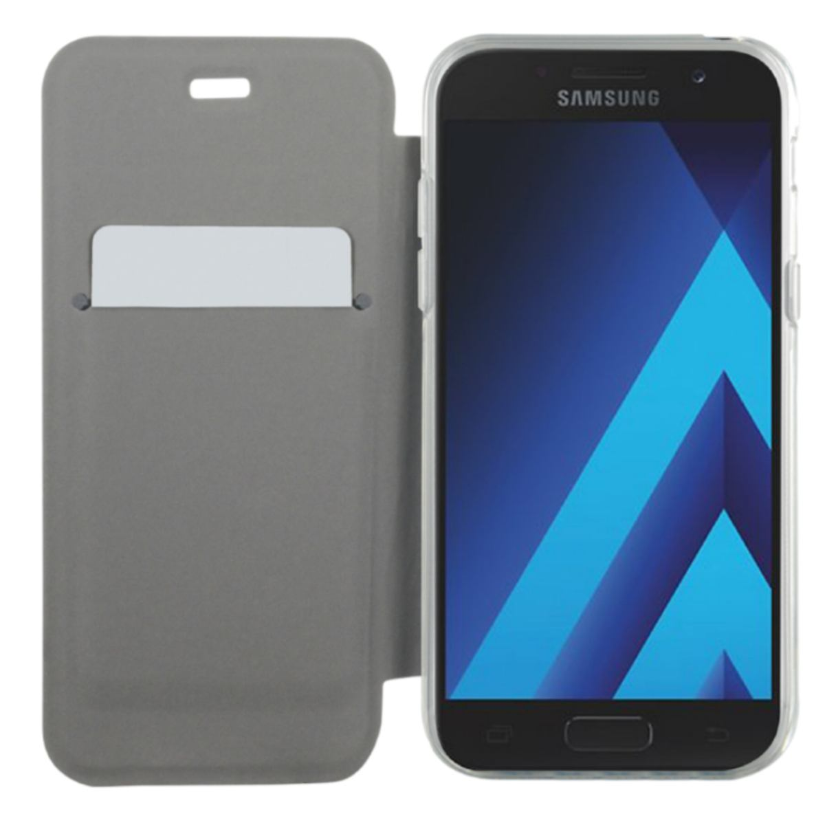 Custodia grigia per telefono Samsung, aperta. Telefono visibile, con schermo blu.