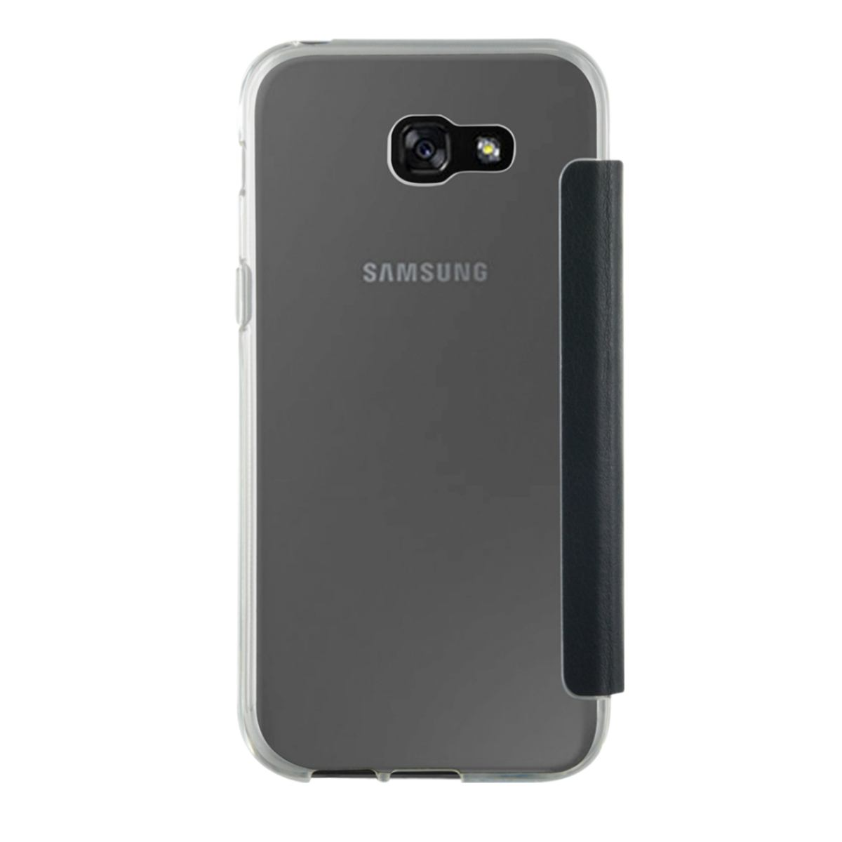Custodia trasparente per telefono con cover nera. Il logo Samsung è visibile sul retro.