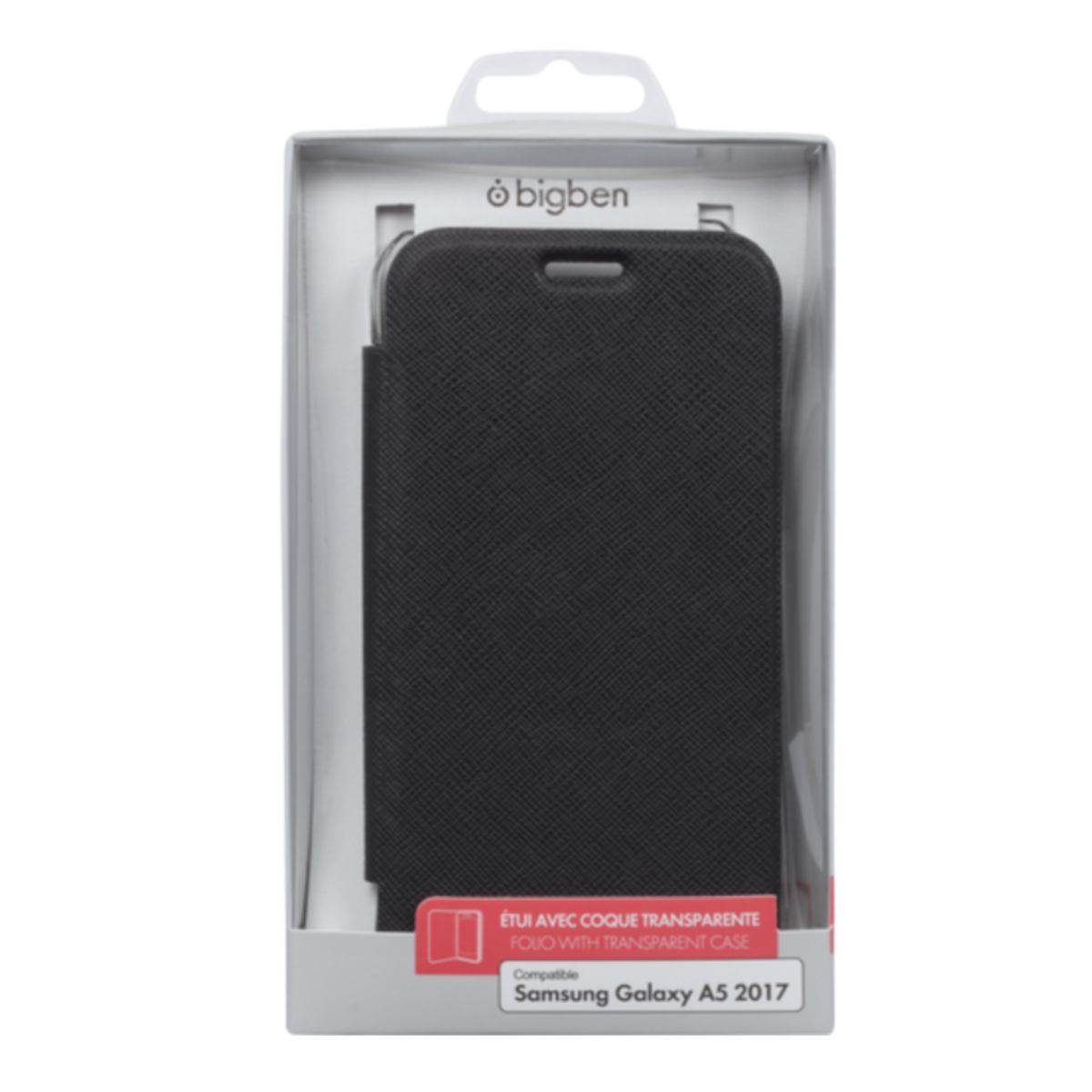 Una custodia per telefono nera in una scatola di plastica trasparente, che mostra un design a portafoglio con una cover frontale trasparente.