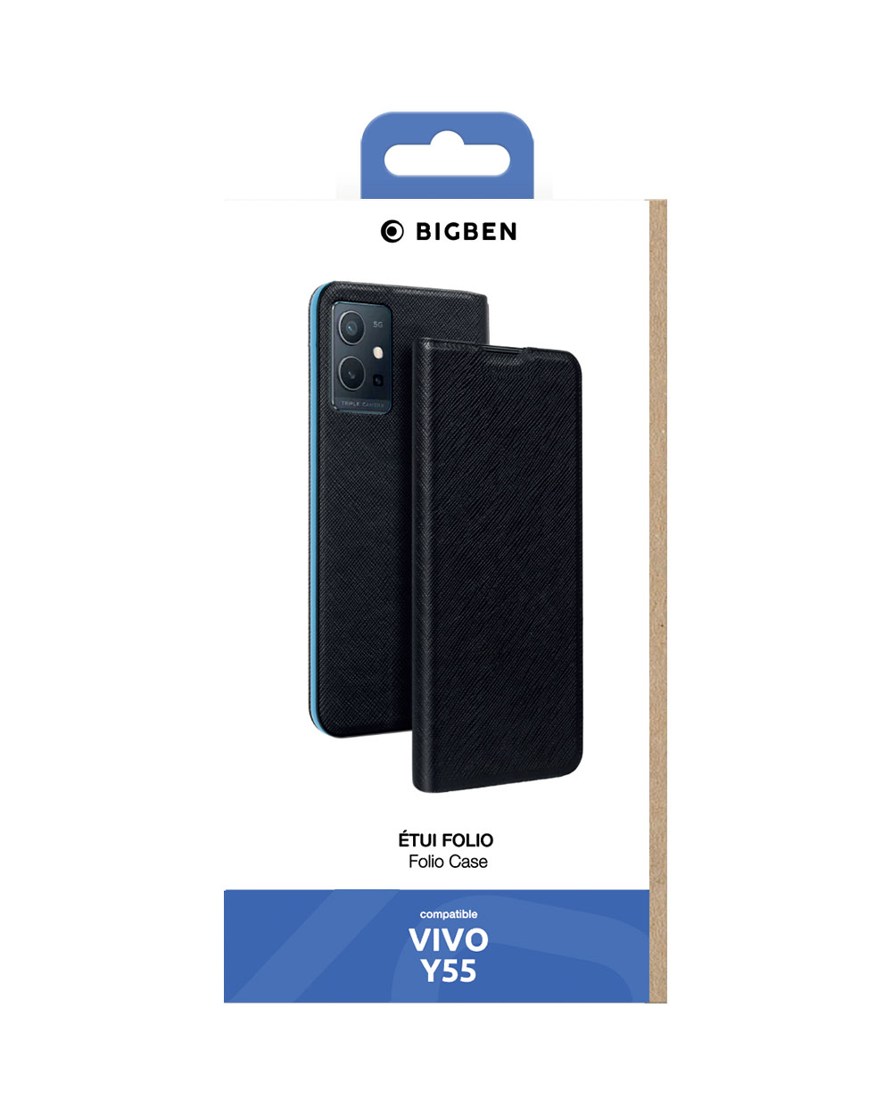 Confezione della custodia del telefono che mostra telefono e custodia. Custodia nera, telefono blu.