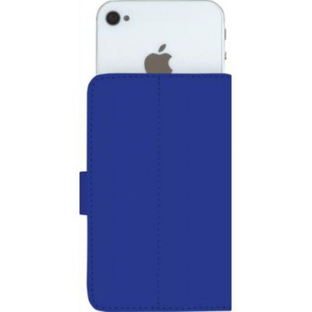 Telefono bianco in una custodia a portafoglio blu. La custodia è chiusa con una chiusura a scatto.