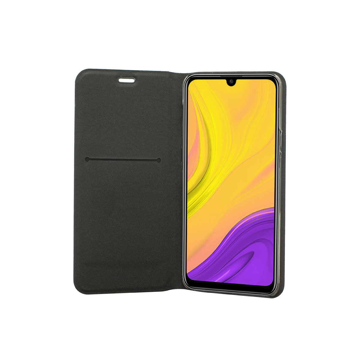 Telefono in custodia nera, aperto. Schermo giallo e viola. Custodia aperta a sinistra.