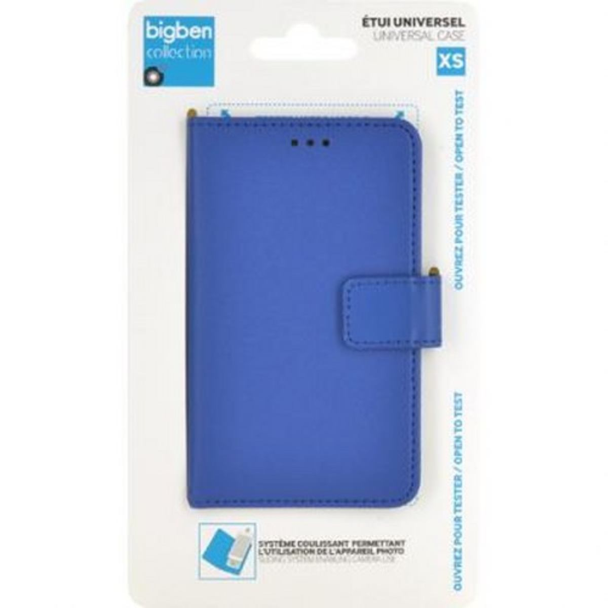 Custodia blu per telefono con retro in cartone bianco. Chiusura magnetica ed etichetta XS.