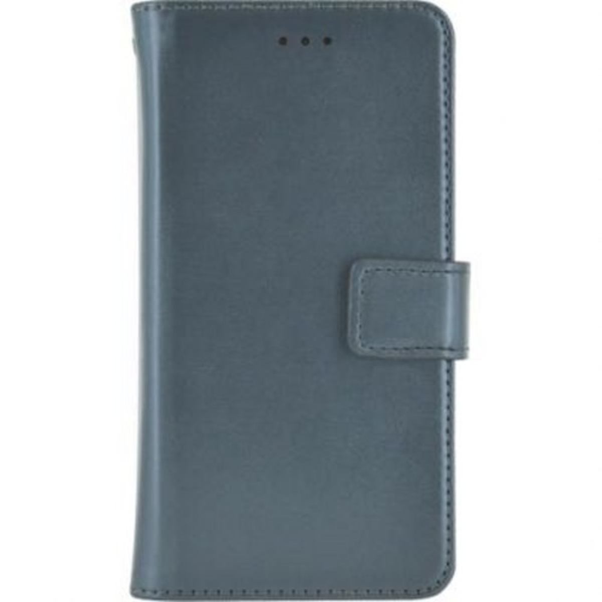 Una custodia per telefono blu chiusa con tre fori nella parte superiore e una chiusura magnetica.