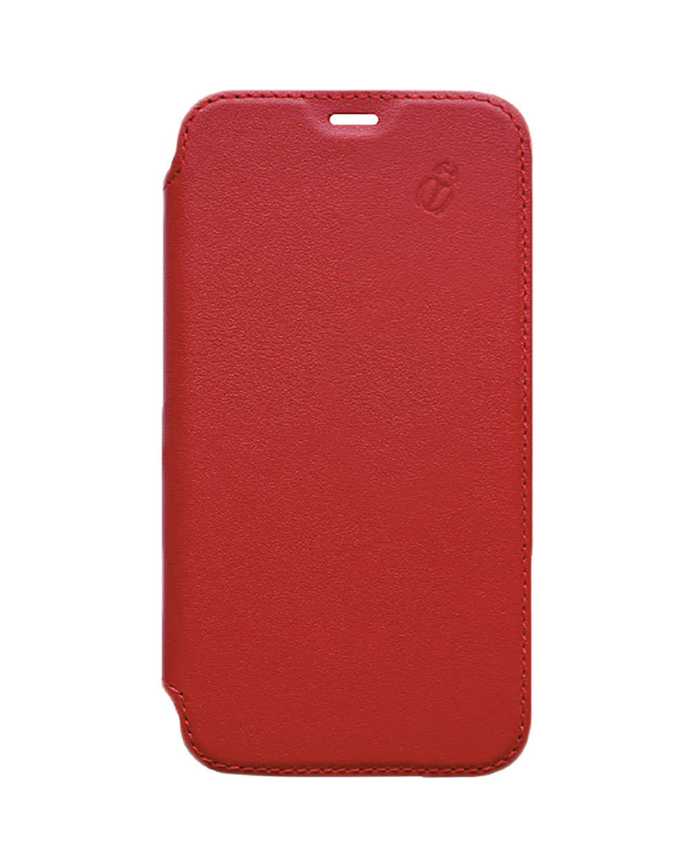 Custodia per telefono rossa con un ritaglio per la fotocamera. La custodia è chiusa e ha un design semplice.