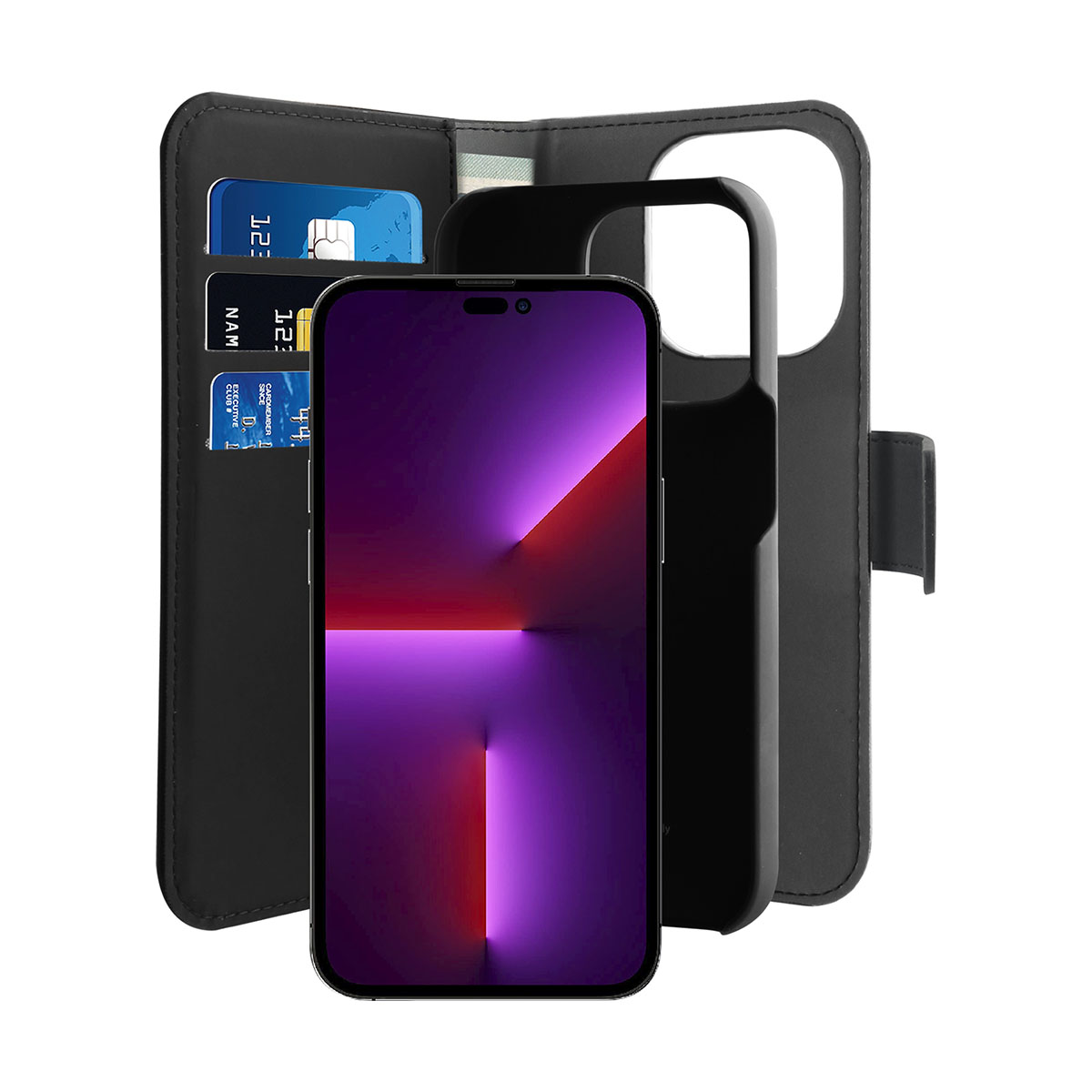 Telefono nero in una custodia nera con carte in un portafoglio.
