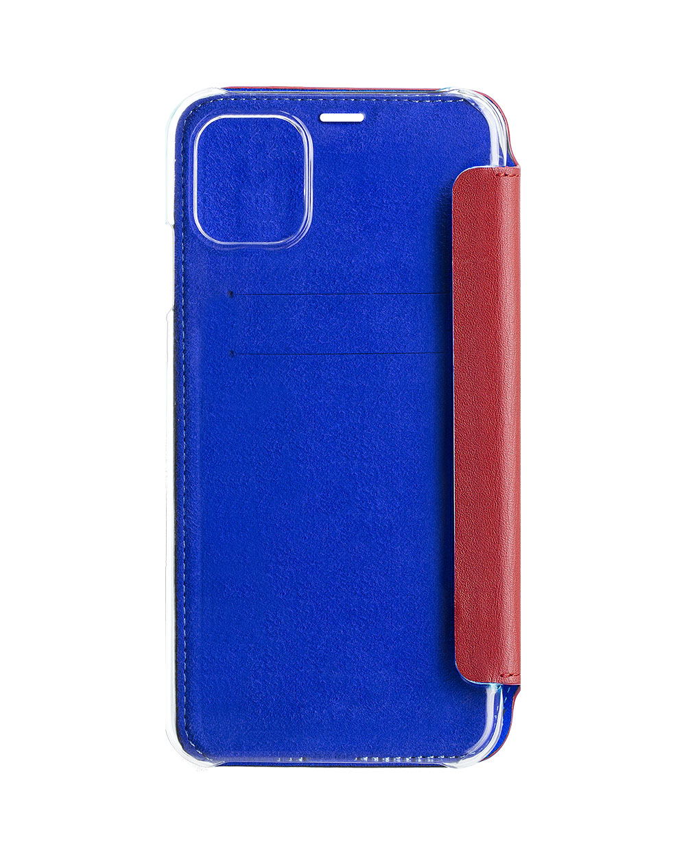 Una custodia blu con patta in pelle rossa. È su sfondo bianco.